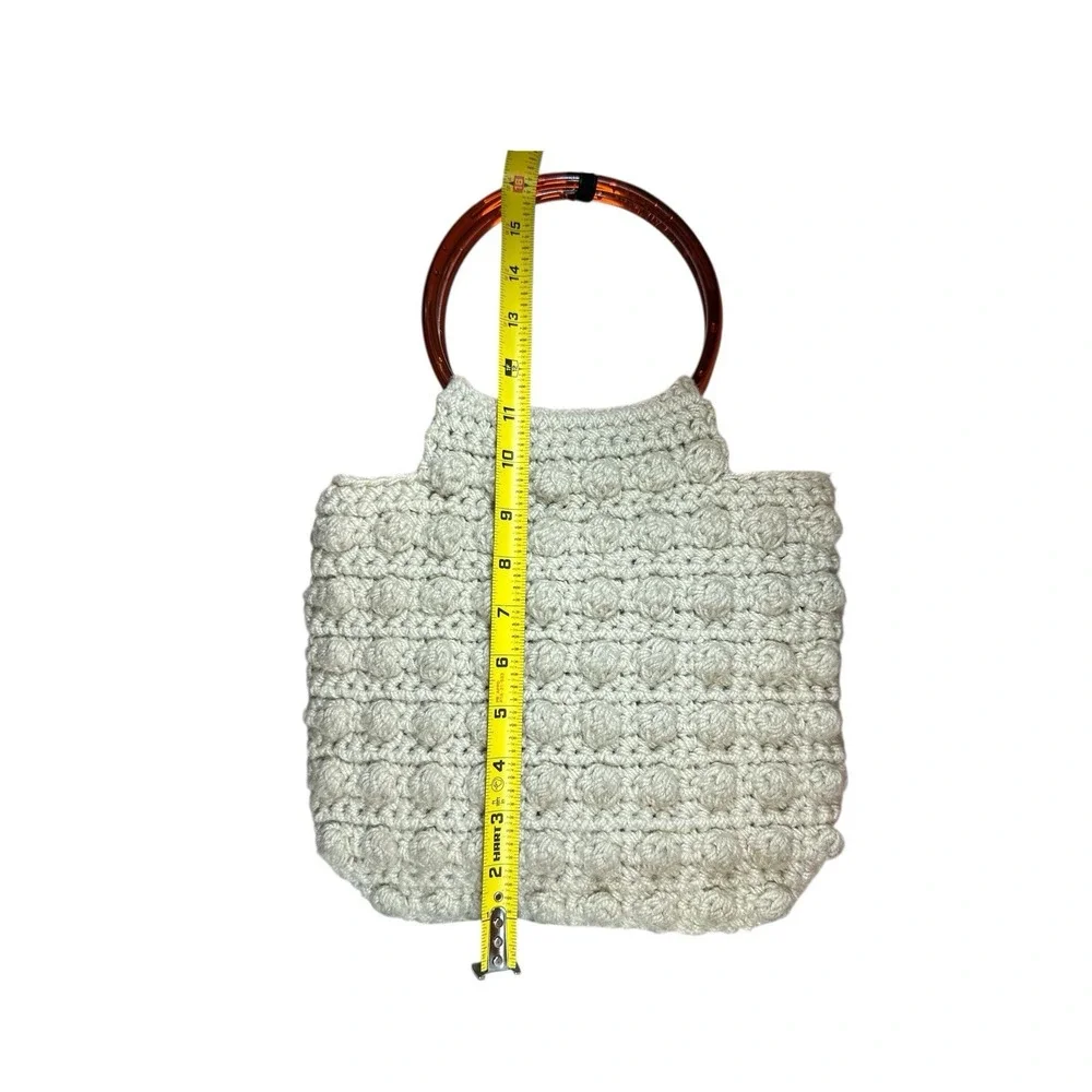 Vintage Macrame BoHo Crochet Handmade Beige Handbag Brown‎ Pastic Loop Handles